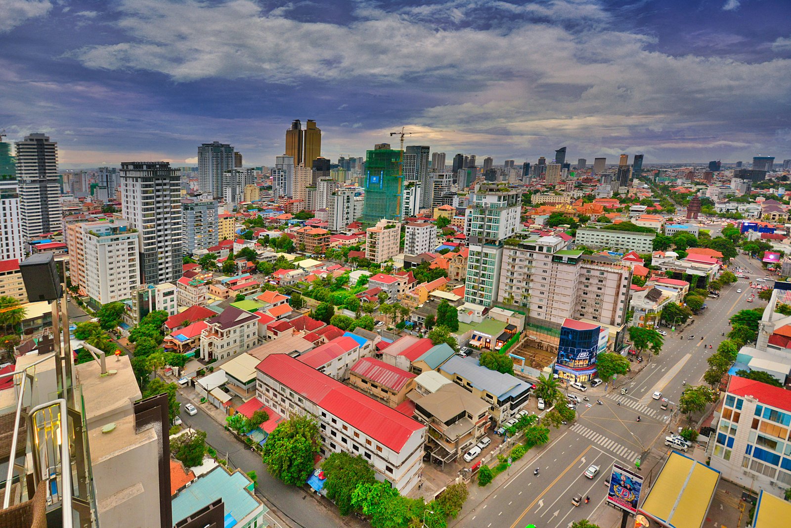 An aerial photo of a medium density urban landscape with vibrate colored buildings.